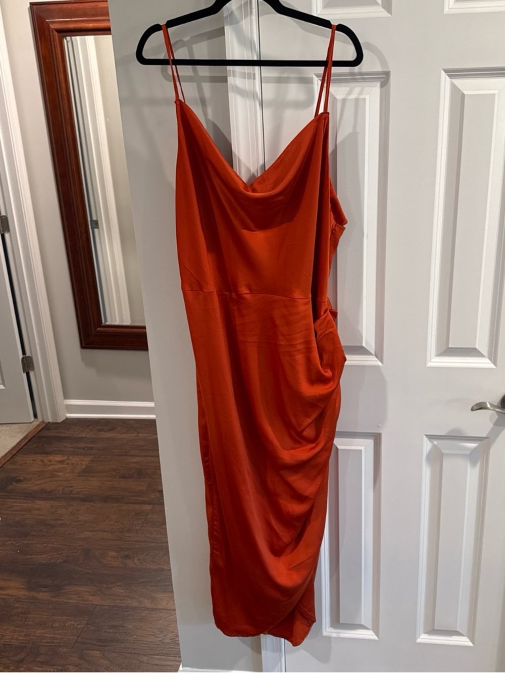 Elegant Cowl Neck Slip Midi Dress in Orange Rust